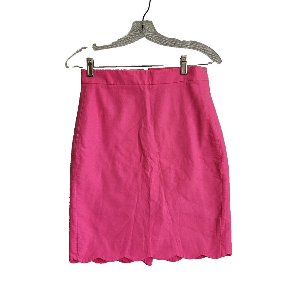 J CREW Women Pencil Skirt Pink Size 00 Scalloped Hem 100% Cotton Work Office